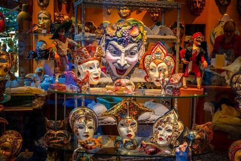 Venetian carnival masks in a shop window