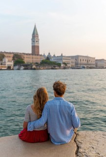 Young couple sitting by the sea enjoying view of St. Mark's Square with Campanile di San Marco