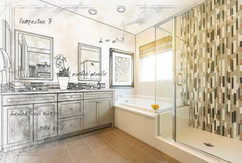 Custom Master Bathroom Design Drawing Gradating to Finished Photograph