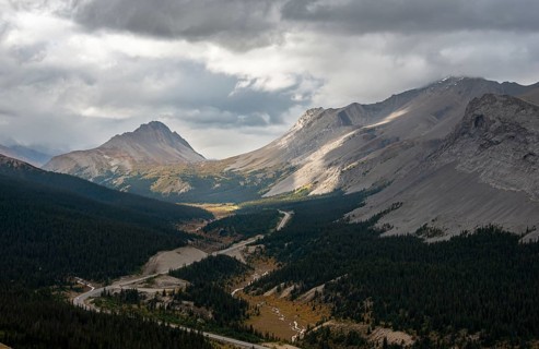 View of mountains Mount Wilcox and Nigel Peak and Wilcox Pass in autumn