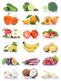 Fruits fruits and vegetables apple tomatoes orange lemon grapes colors collection clipping isolated against a white background