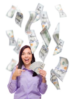 Celebrating young woman holding $100 bills with many others falling around her on white