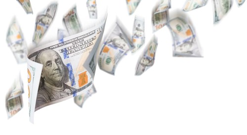 Several 100 dollar bills falling from above on white background