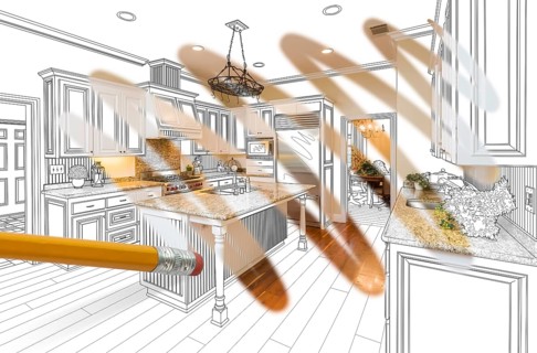 Pencil erasing drawing to reveal finished custom kitchen design photograph