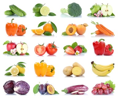 Fruits fruits and vegetables apple tomatoes orange lemon grapes colors collection clipping isolated against a white background