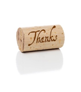 Thanks branded wine cork isolated on a white background