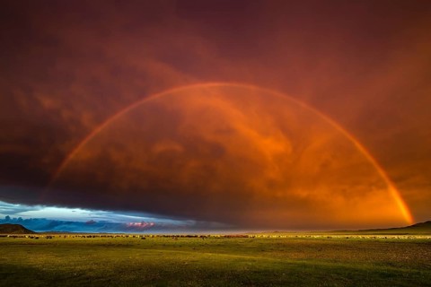 Rainbow on steppe with sunset
