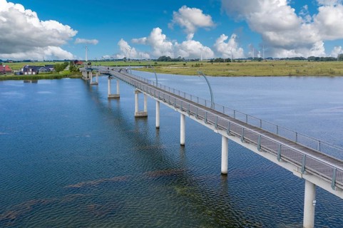 Aerial view with footbridge over the lake Wangermeer