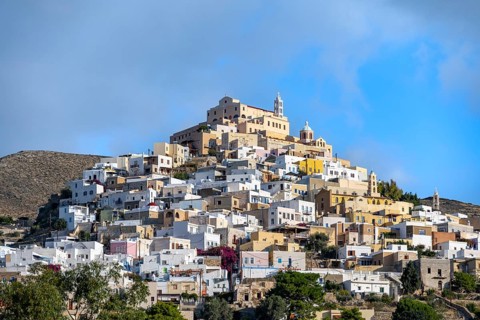 Village view with the Catholic Basilica of San Giorgio on the hill