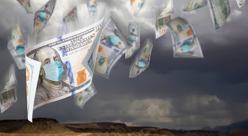 100 dollar bills with face mask falling from stormy cloudy sky