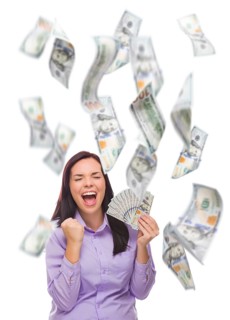 Celebrating young woman holding $100 bills with many others falling around her on white