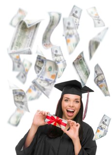 Excited female graduate in cap and gown holding stack of $100 bills with many falling around her on white