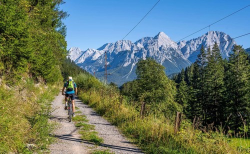 Cyclist on bike tour with mountain bike