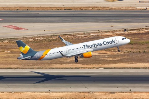A Thomas Cook Airbus A321 with the registration G-TCDK takes off from Palma de Majorca Airport