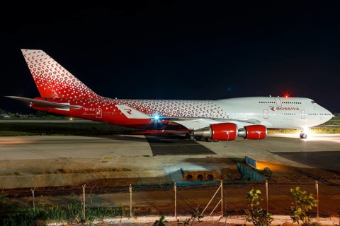 A Boeing 747-400 of Rossiya with the registration EI-XLG at Rhodes Airport