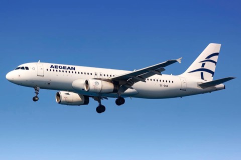 An Airbus A320 aircraft of Aegean Airlines with registration number SX-DGX lands at Heraklion airport
