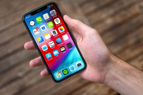 Hand haelt iPhone 11 Pro mit Homescreen