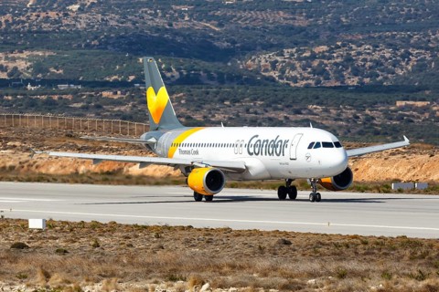An Airbus A320 aircraft of Condor with registration number D-AICF at Sitia Airport