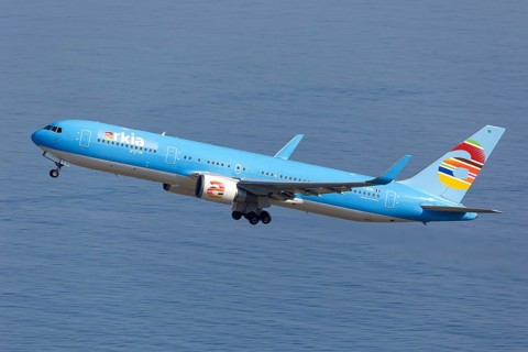An Arkia Israeli Airlines Boeing 767-300ER with registration number I-NDDL takes off from Rhodes Airport