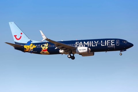 A TUI Boeing B737-800 with the registration OO-JAF and the special livery Family Life Hotels lands at Malaga Airport