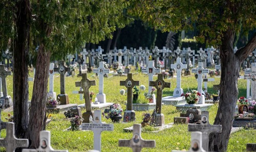 Graves with crosses and floral decorations