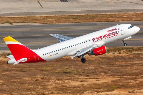 An Iberia Express Airbus A320 with the registration EC-LEA takes off from Palma de Majorca Airport