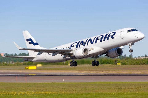A Finnair Embraer 190 aircraft with registration OH-LKF takes off from Helsinki Airport