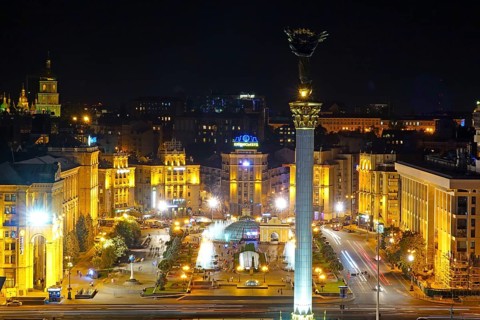 View at night from Hotel Ukrajina to the Independence Square Majdan Nesaleshnosti