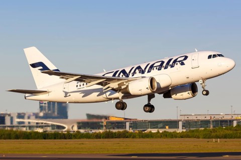 A Finnair Airbus A319 with the registration OH-LVB takes off from Helsinki Airport