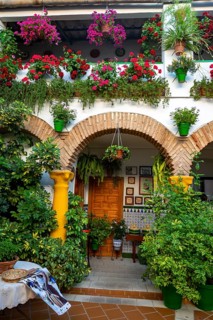 Entrance door in the courtyard decorated with flowers