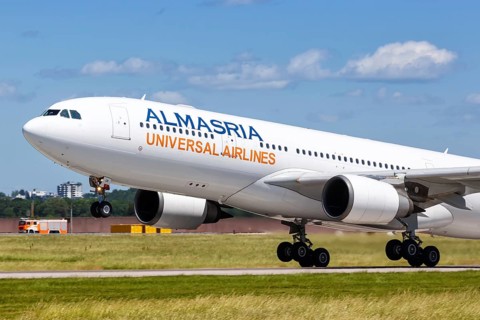 An Airbus A330-200 aircraft of Almasria Universal Airlines with the registration SU-TCH takes off from Stuttgart airport