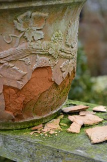 Frost damage to decorative terracotta pot