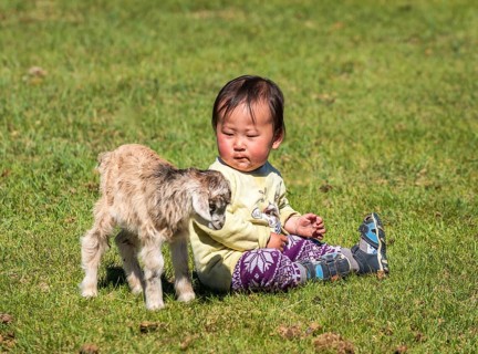Nomad child growing up together with animal children in summer