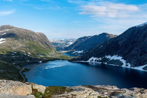 Mountain lake in the mountains over Geirangerfjord