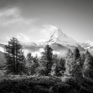 Clouds over the Swiss Matterhorn in black and white
