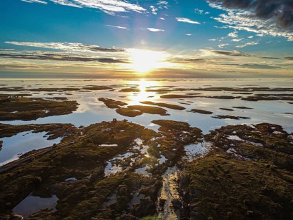 Aerial of the rugged coastline of the Unesco world heritage site at sunset