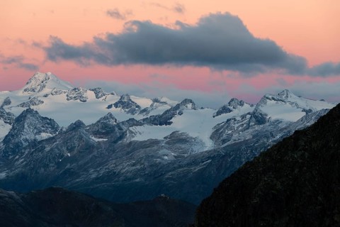 Sunrise over summit of Oetztaler Wildspitze