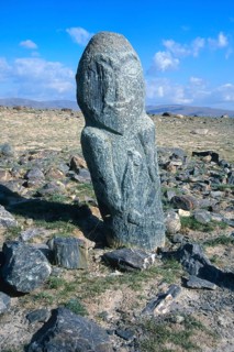 Ancient stone stele of a Turkic warrior or Balbal near Khurgan Lake
