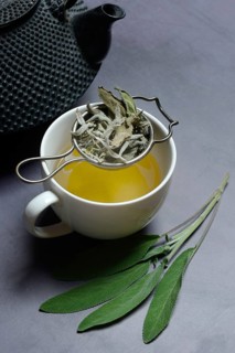Sage tea in cup with tea strainer