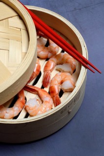 Cooked shrimps in steamer