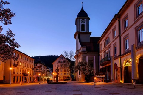 Twilight at the spa square with protestant church