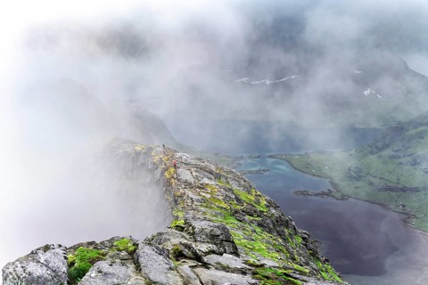 Fjords and mountains in the fog