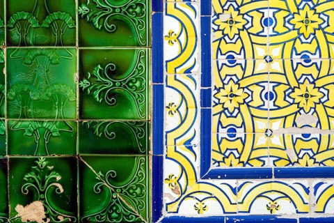 Close up of two types of typical Portuguese tiles called azulejo