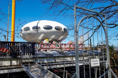 Futuro House on barge on the Spree