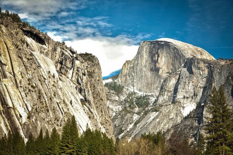 Dramatic view of half dome at yosemite on a spring day