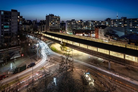 Night view over Kottbusser Tor train station in Kreuzberg