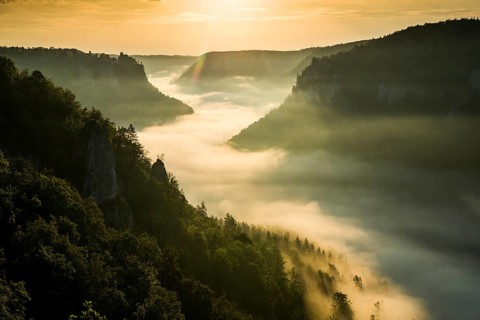 View from Eichfelsen to Werenwag Castle with morning fog