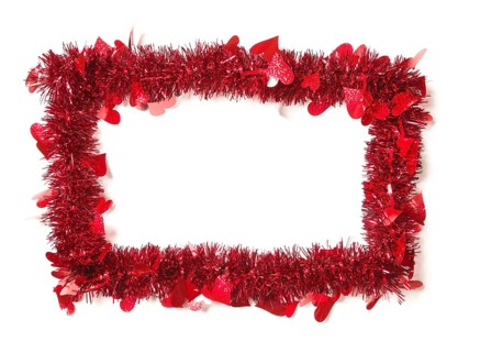 Red tinsel with hearts border frame shape on a white background ready for your own message