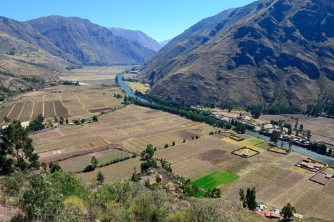 Harvested fields in Valle Sagrado at Rio Urubamba