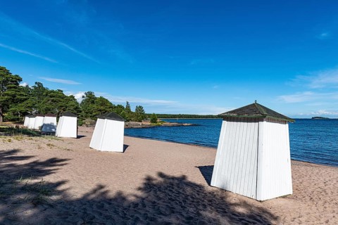 Beach huts on a deserted beach